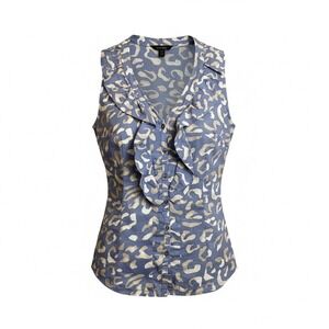Ann Taylor Blue Leopard Print Ruffle Sleeveless Button Down Cotton Blouse Size 6